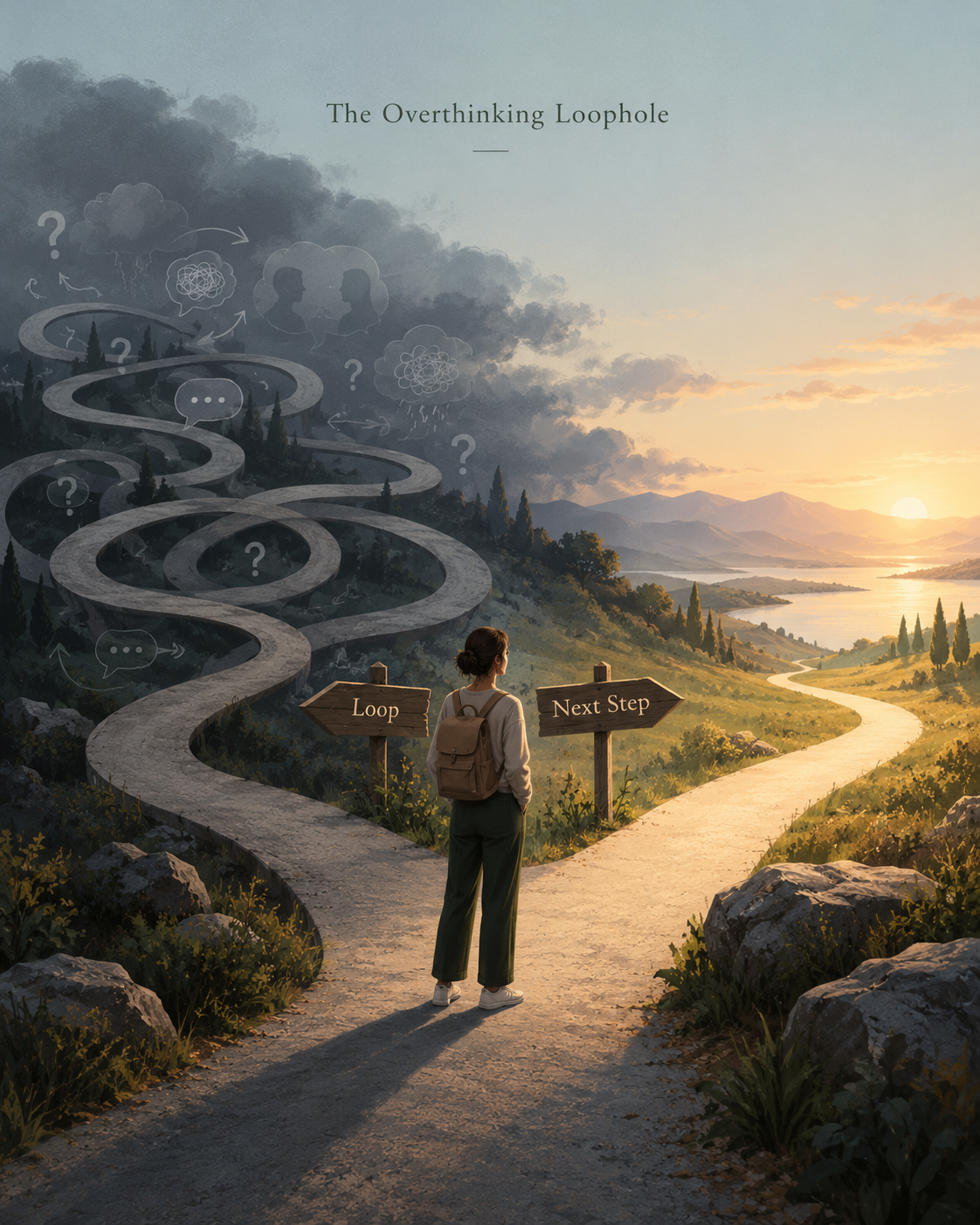 A woman at a crossroads between a dark, looping path of anxious thoughts and a bright path leading towards the sunrise