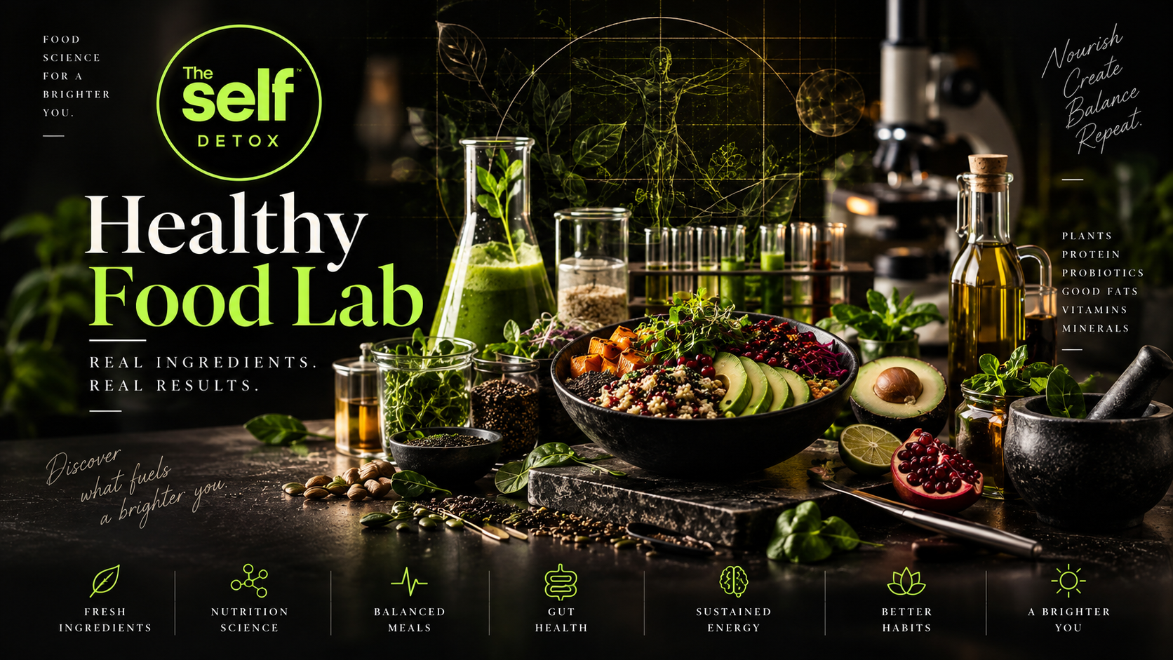 Healthy Food Lab — fresh ingredients, a power bowl and laboratory glassware.