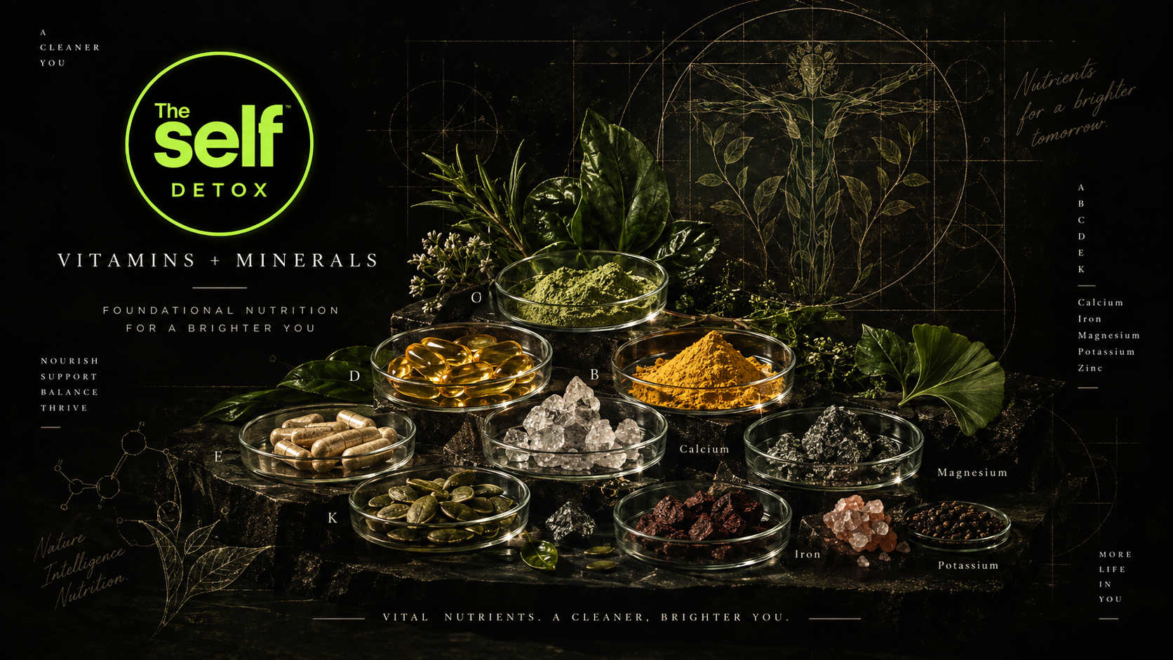 Vitamins + Minerals — Foundational nutrition for a brighter you. Petri dishes of vitamins and minerals on a dark bench, a botanical Vitruvian figure behind.