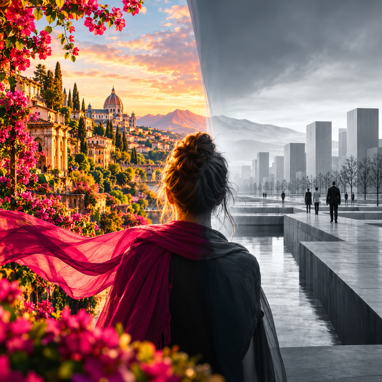 A woman between a colourful, flower-filled city and a grey, uniform modern landscape