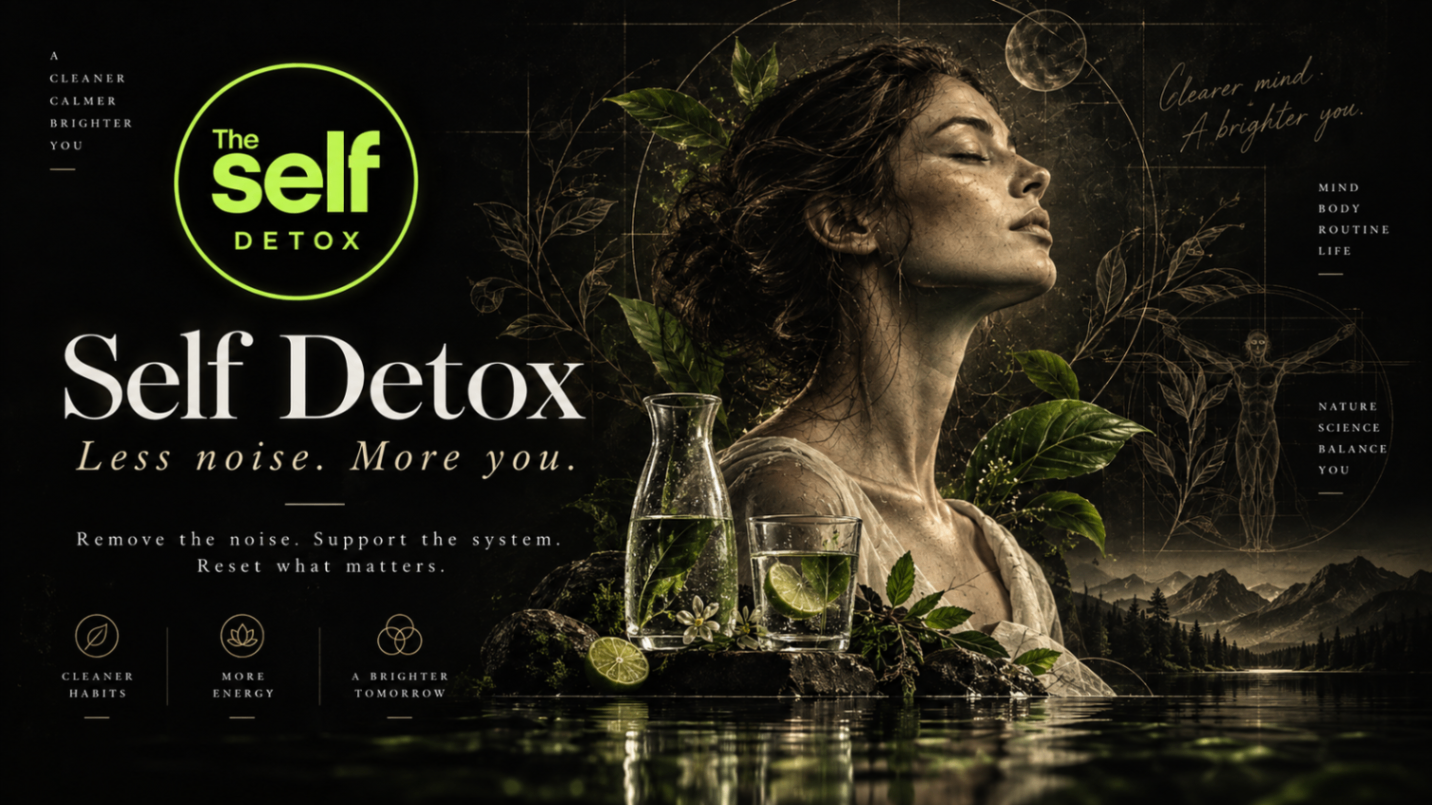 The Self Detox — Less noise. More you. Botanical portrait beside water, lime and greenery. Remove the noise. Support the system. Reset what matters.