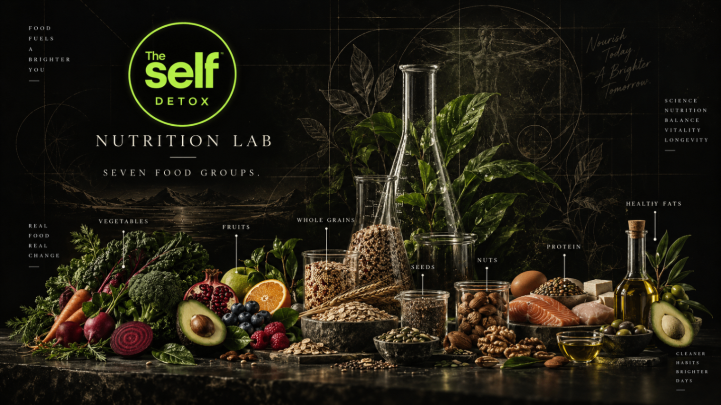 Nutrition Lab — Ripe protein, complete nutrition. Fresh produce, grains and laboratory glassware on a dark bench.