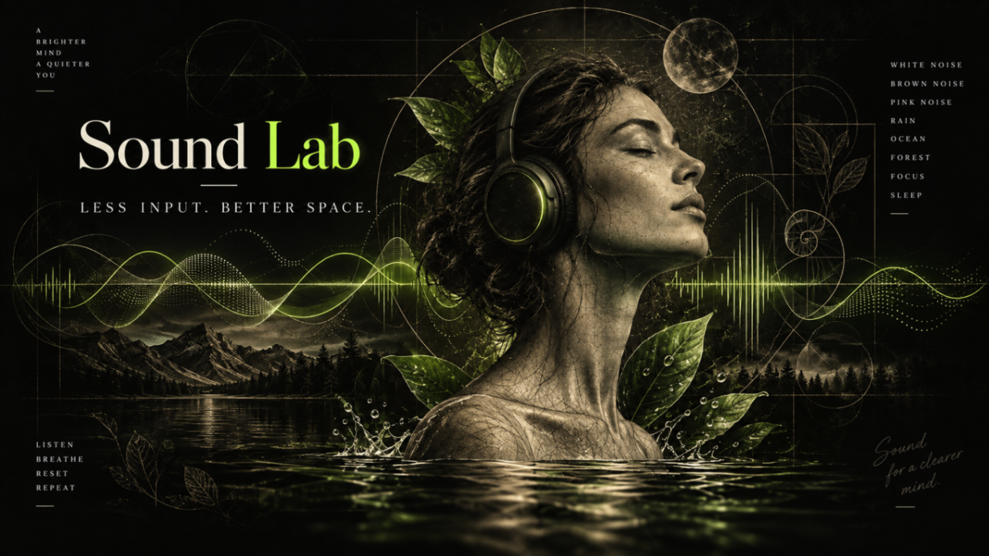 Sound Lab — Less noise, better signal. A figure rises from dark water while a soft waveform lights the surface.