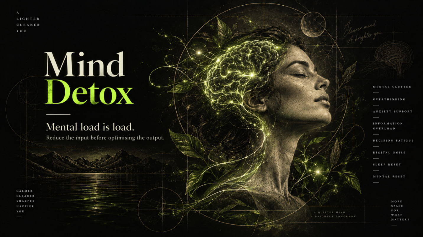 Mind Detox — Mental load is load. Reduce the input before optimising the output. A botanical portrait with illuminated neural pathways represents mental clutter, information overload and decision fatigue.