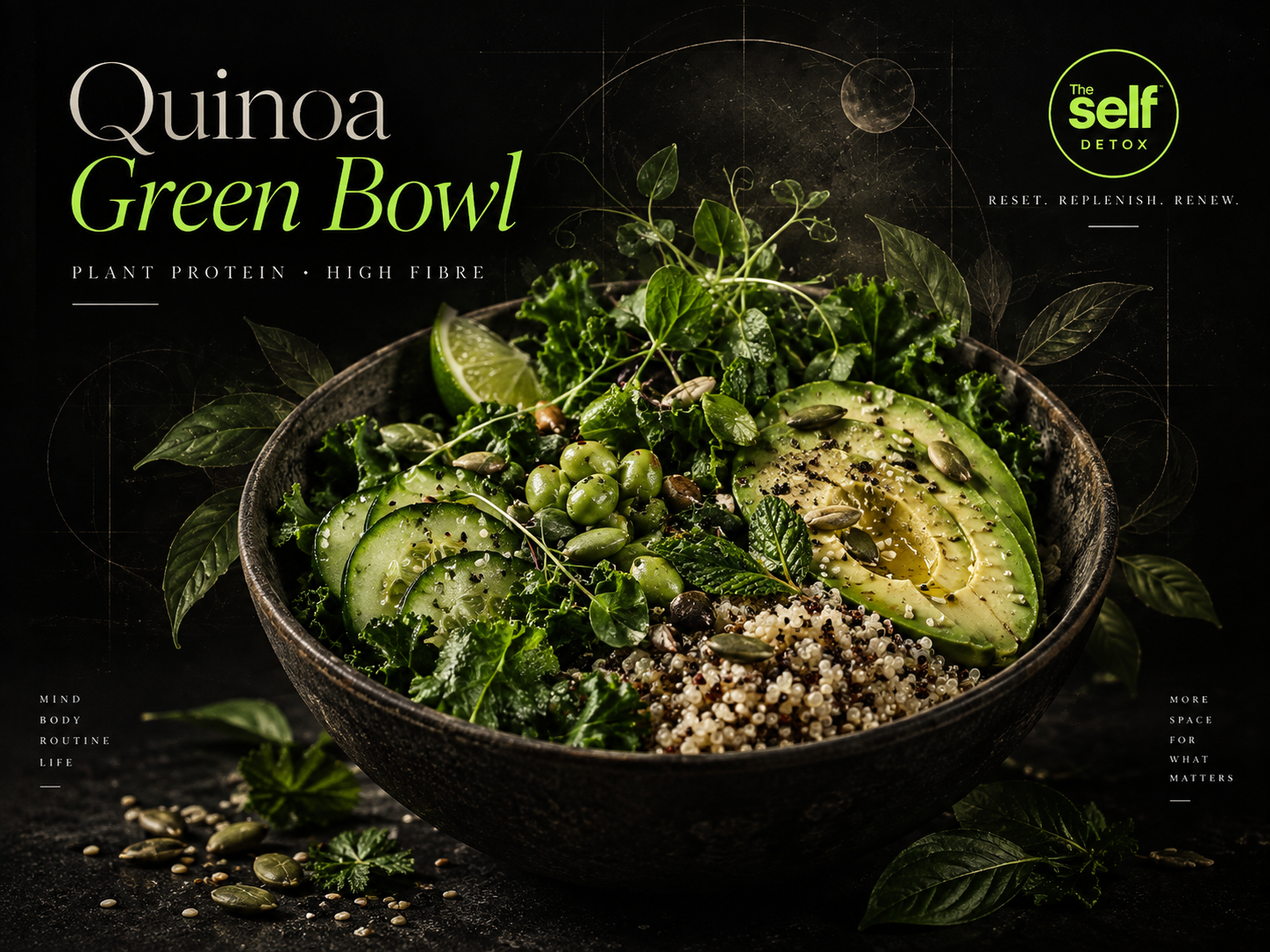 Quinoa Green Bowl — plant protein, high fibre. A dark bowl of quinoa, kale, avocado, cucumber, edamame and pumpkin seeds.