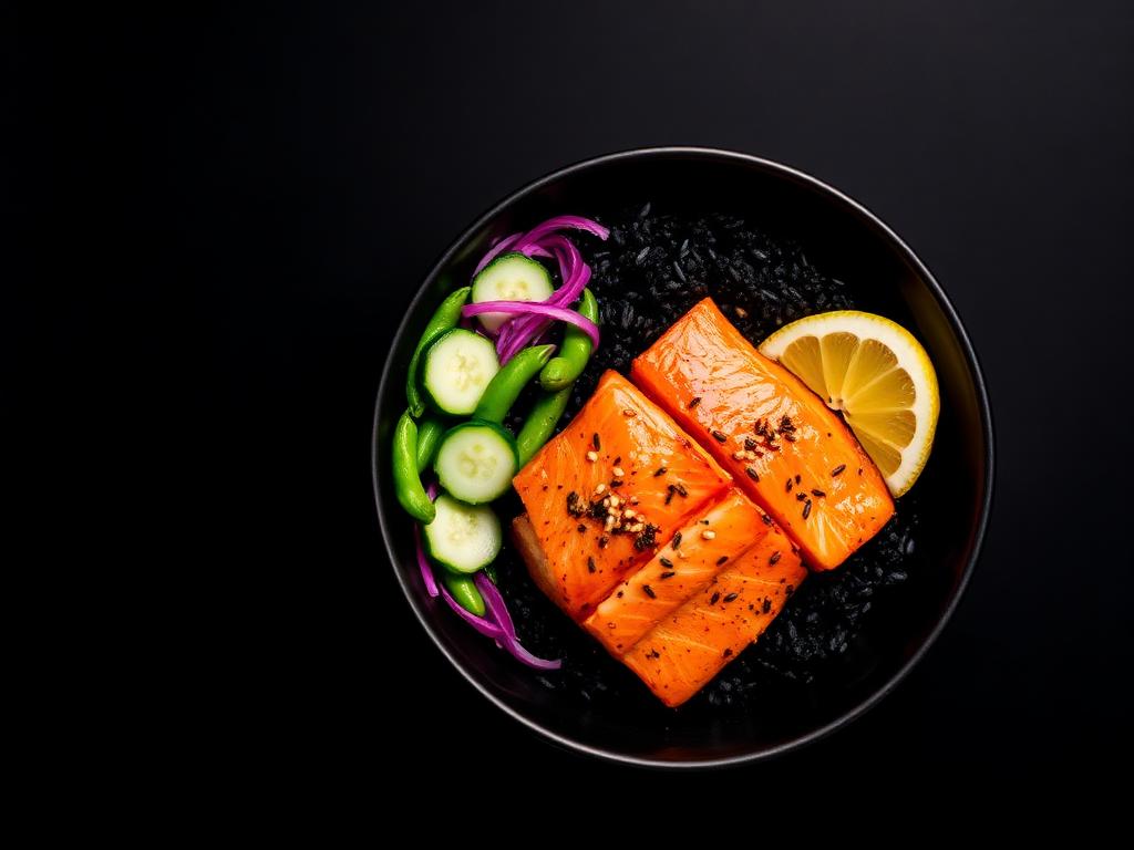 Salmon Ocean Bowl — Self Detox recipe photographed on black