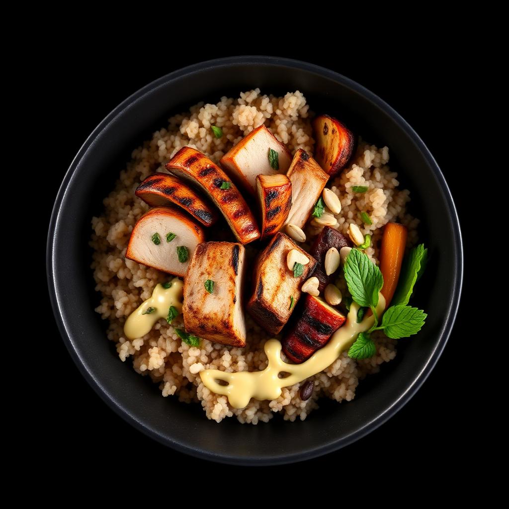 Grilled Chicken + Grains — Self Detox recipe photographed on black