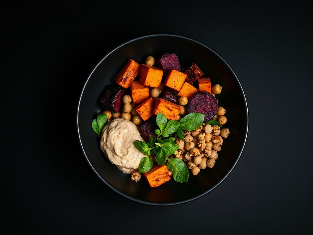 Roots + Hummus Bowl — Self Detox recipe photographed on black