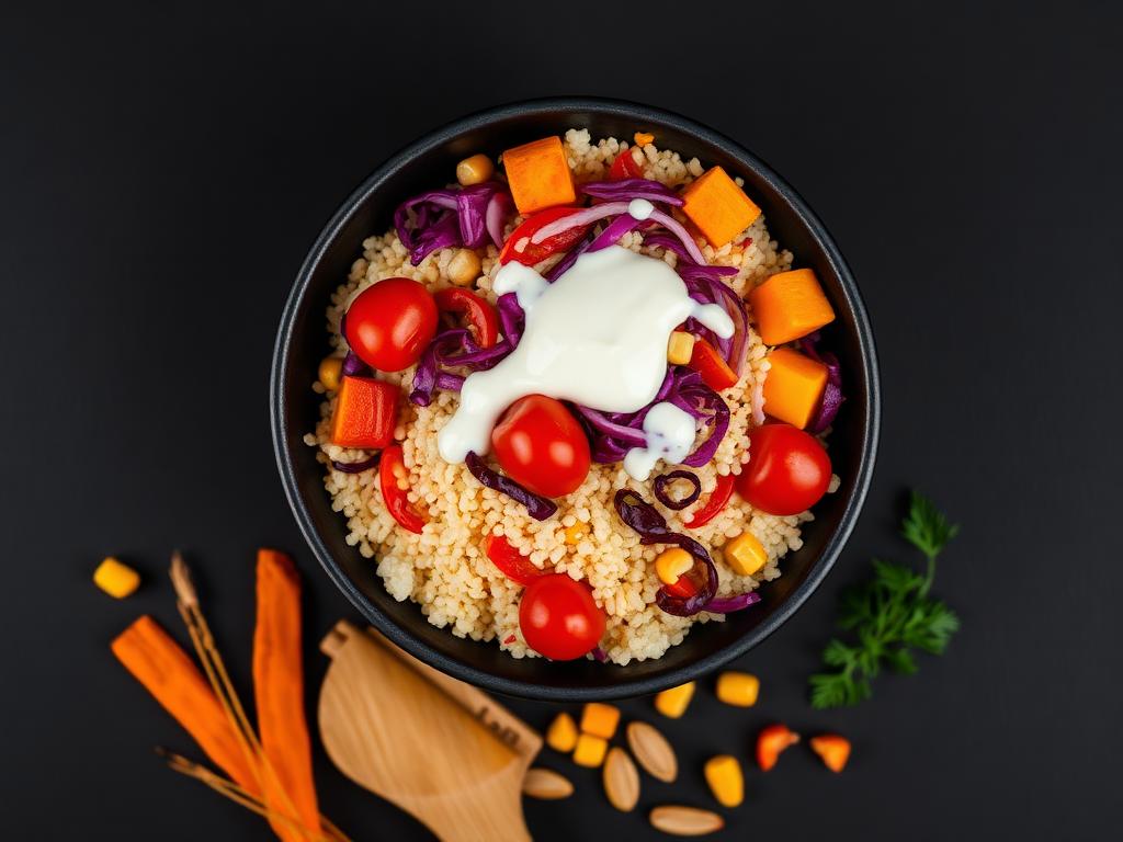 Rainbow Veg Bowl — Self Detox recipe photographed on black