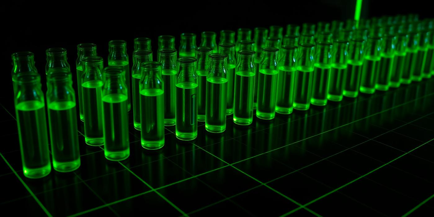 Rows of laboratory vials filled with glowing neon green liquid on a black grid