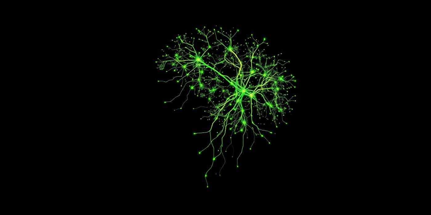 Glowing neon green neural pathways forming a brain on black
