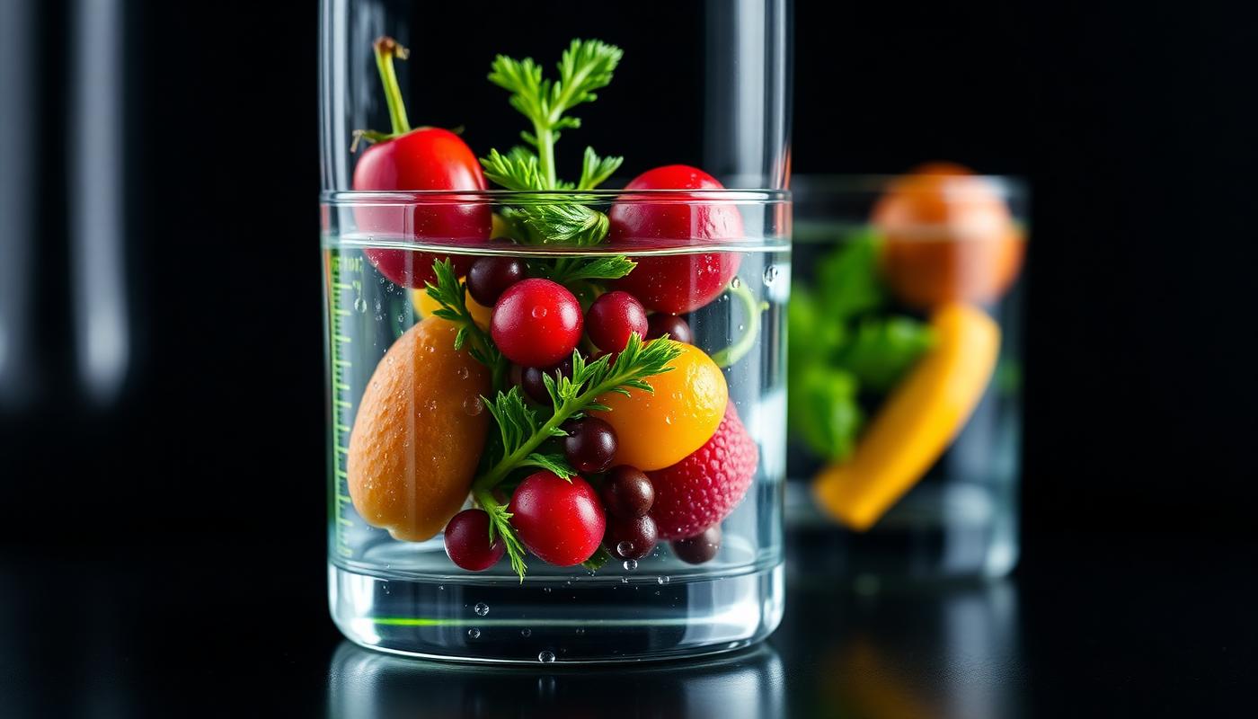 Fresh vegetables and berries inside laboratory glassware