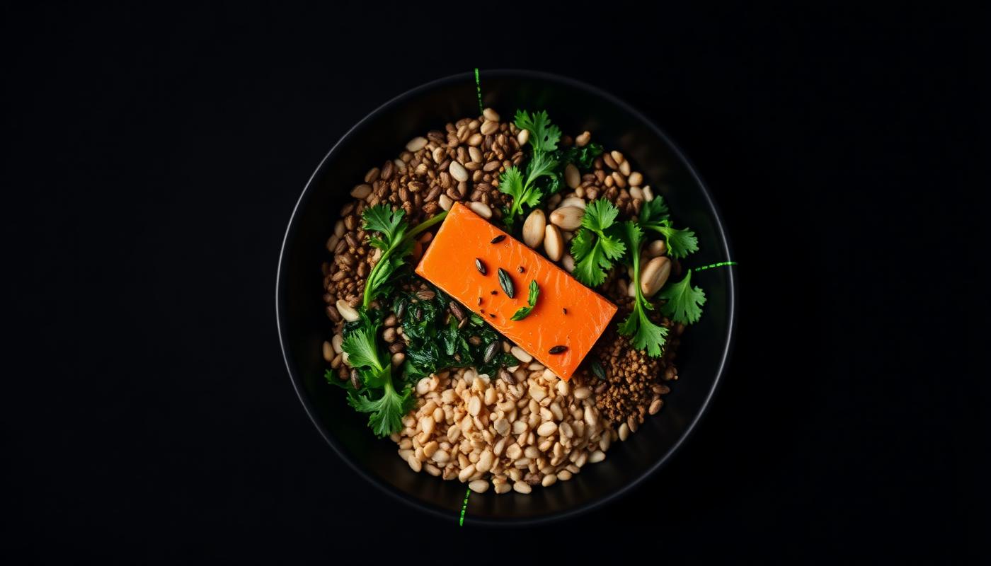 Overhead view of a power bowl of grains, greens, seeds and salmon on a black surface