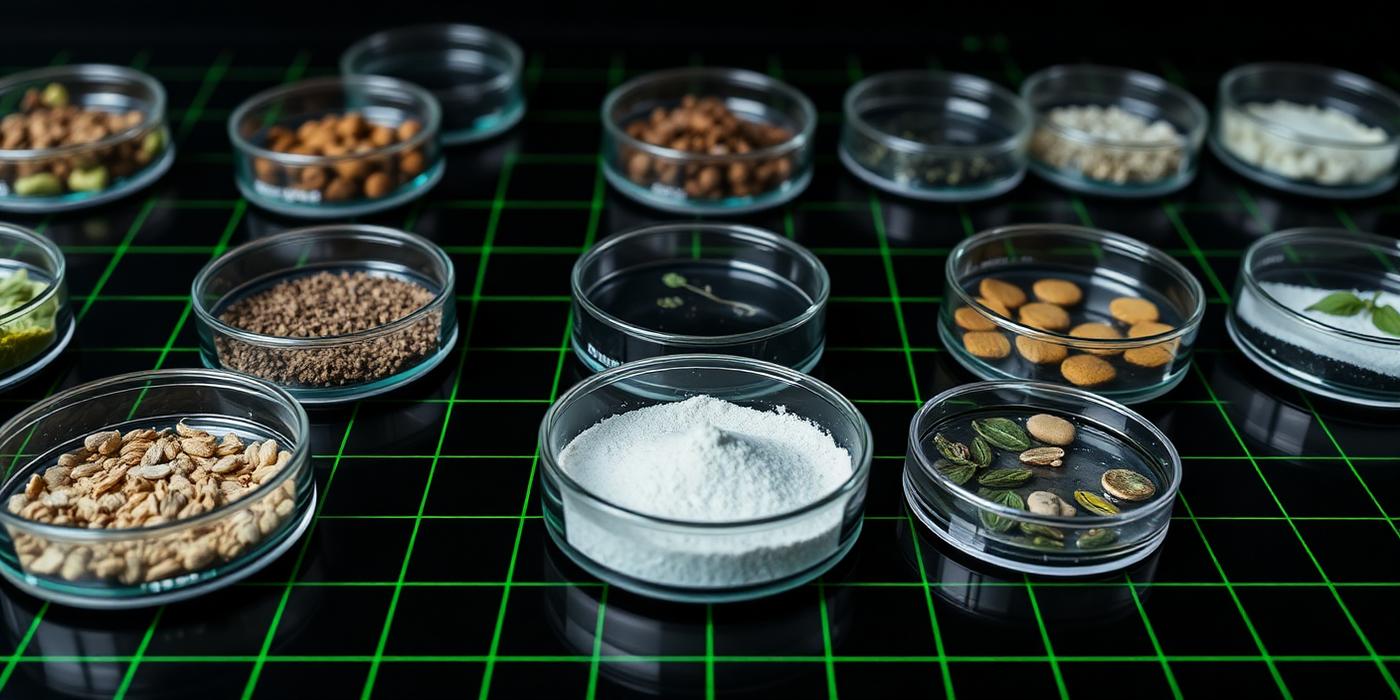 Rows of petri dishes holding seeds and powders on a neon green grid