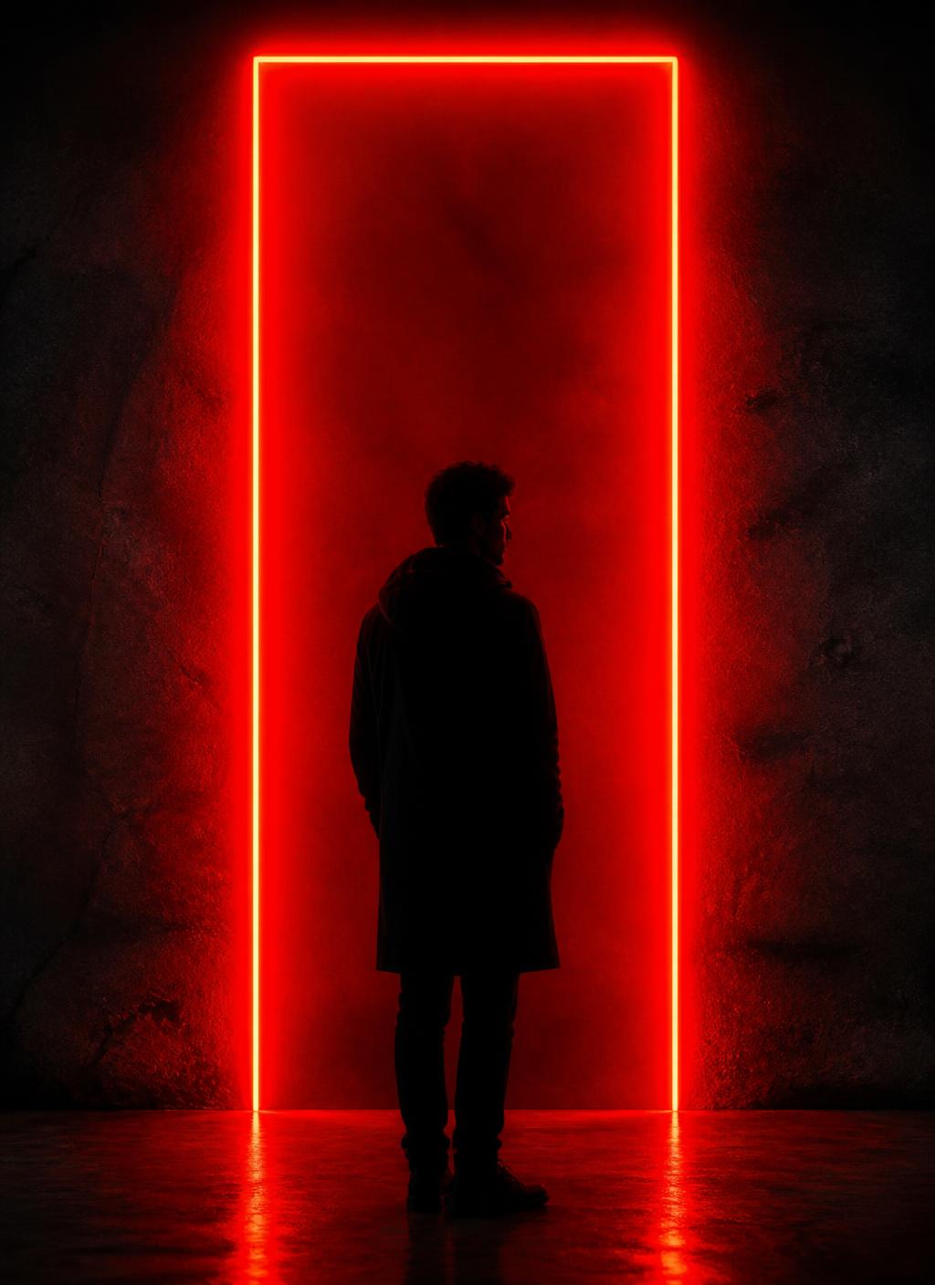 A silhouetted figure standing before a glowing red doorway