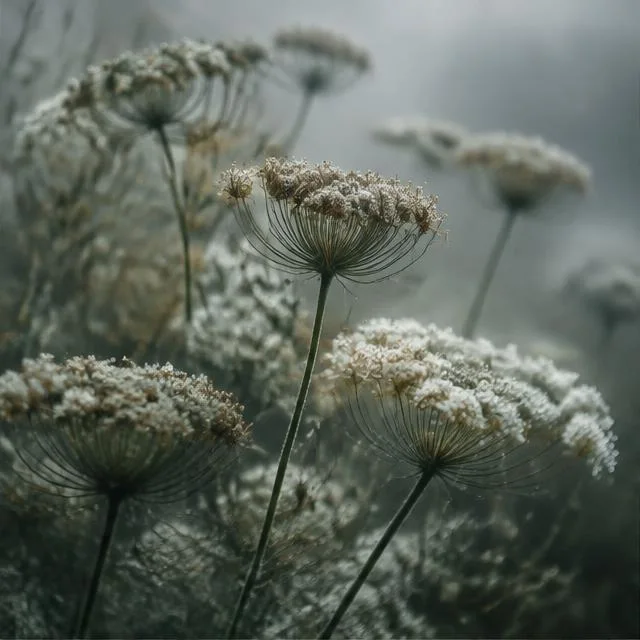 Delicate botanical seed heads in soft mist